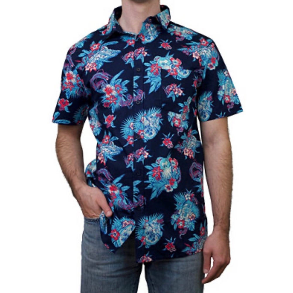 Star Wars Men's XXL‎ Blue Tropical Hawaiian Shirt Droids Millennium Falcon Print